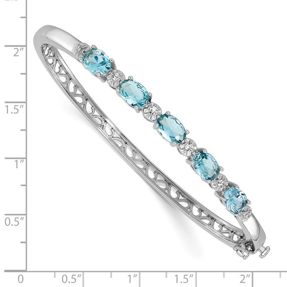 925 Sterling Silver RH-platedFancy Aqua Glass and CZ Hinged Bangle Bracelet